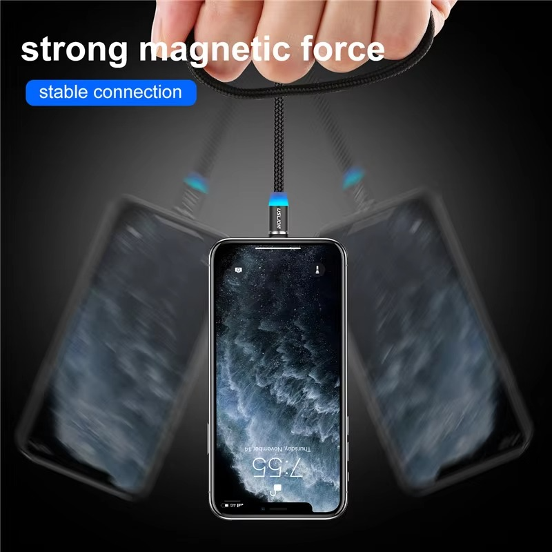 3-in-1 Magnetic Fast Charging Cable  Micro USB, Type-C & iPhone  360° Rotation  LED  3A  Nylon Braided  Magnetic Charging Cables For Android & IOS  Charging Cable For Mobile Phone ( Random Color )