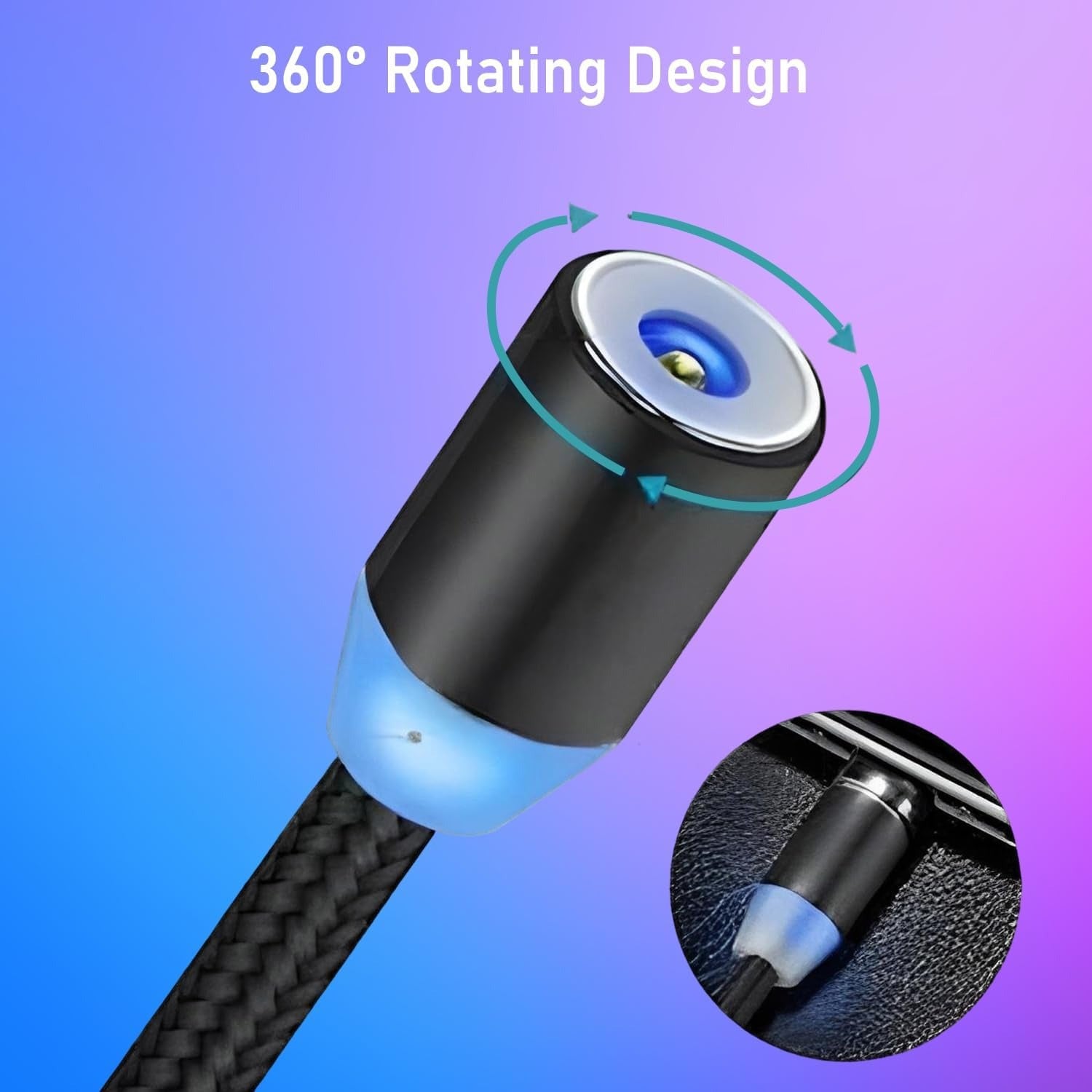 3-in-1 Magnetic Fast Charging Cable  Micro USB, Type-C & iPhone  360° Rotation  LED  3A  Nylon Braided  Magnetic Charging Cables For Android & IOS  Charging Cable For Mobile Phone ( Random Color )