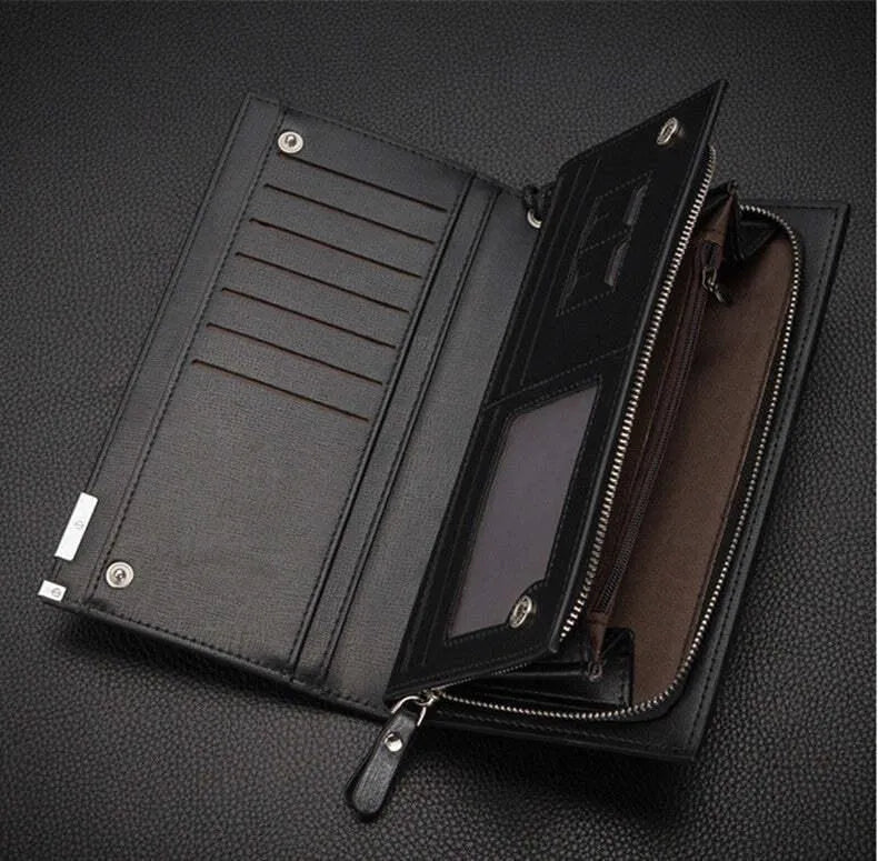 Men's Leather Wallet with 12 Card Slots & Zipper Pocket